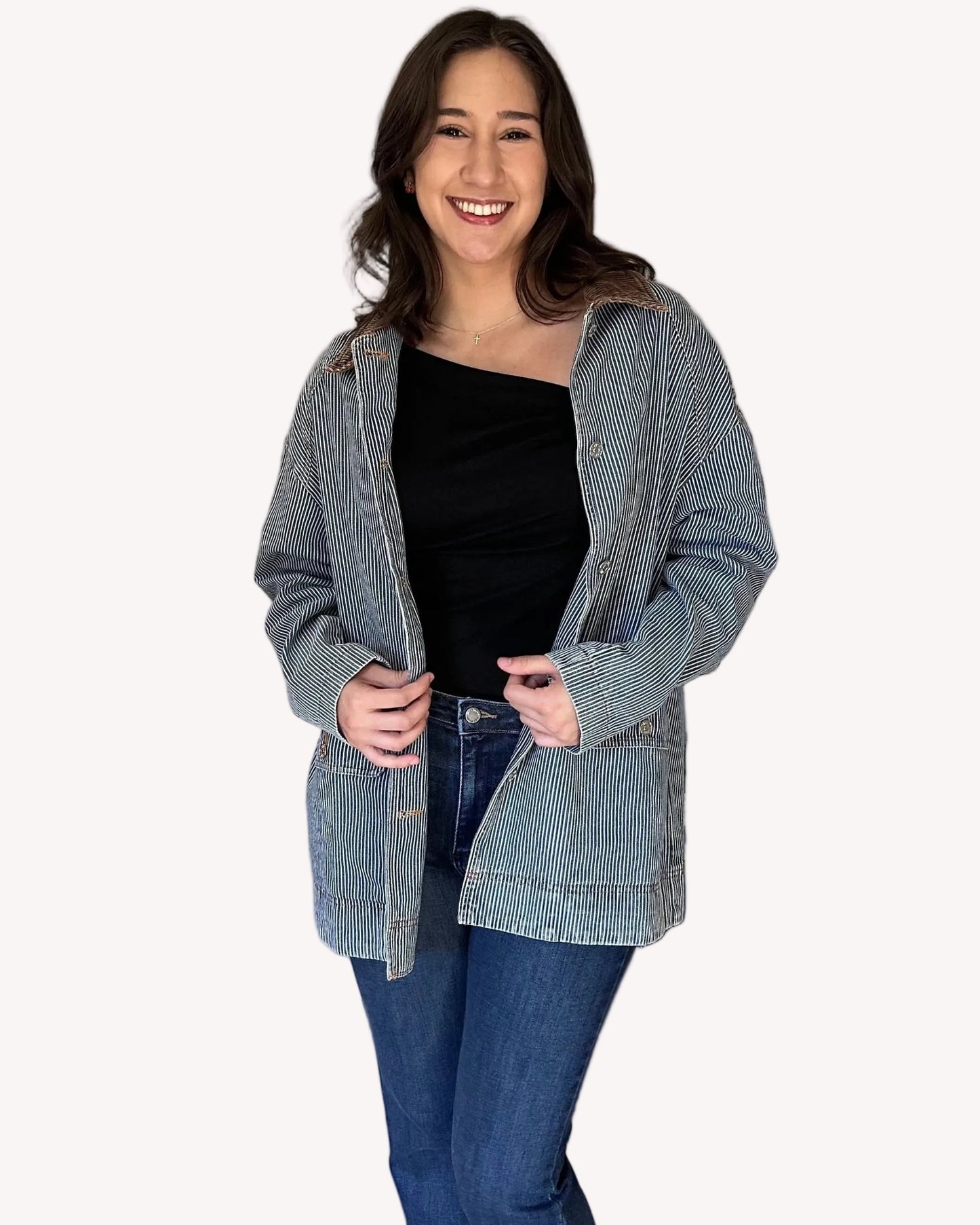 Denim barn coat with relaxed fit and corduroy collar