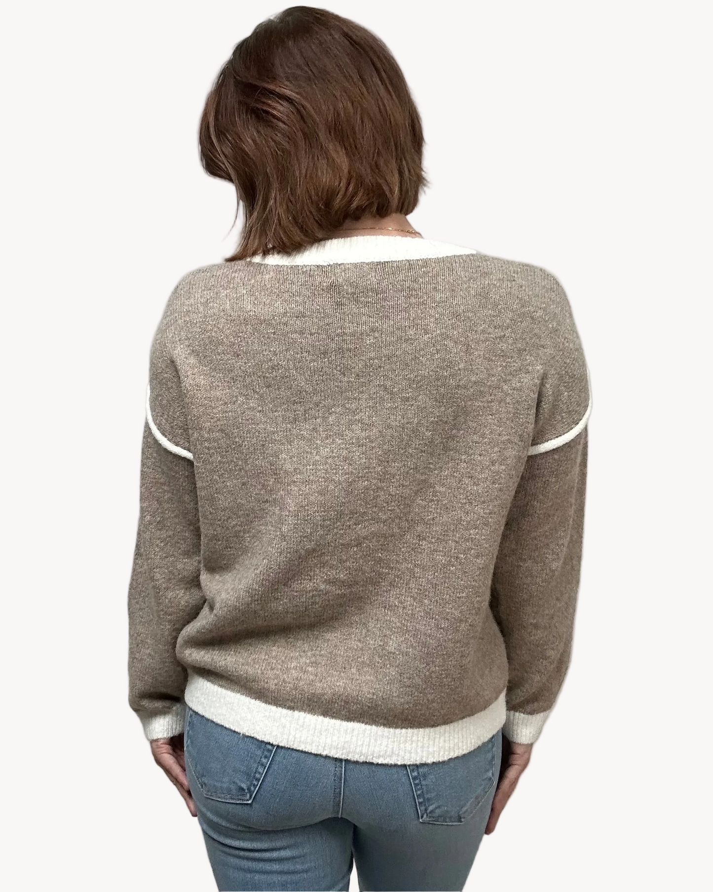 Daisy Drop Sweater in mocha with floral appliqués, drop-shoulder silhouette, V-neckline, and contrast trim – relaxed cozy knit – front view on soft linen background – Justyna Grace Boutique