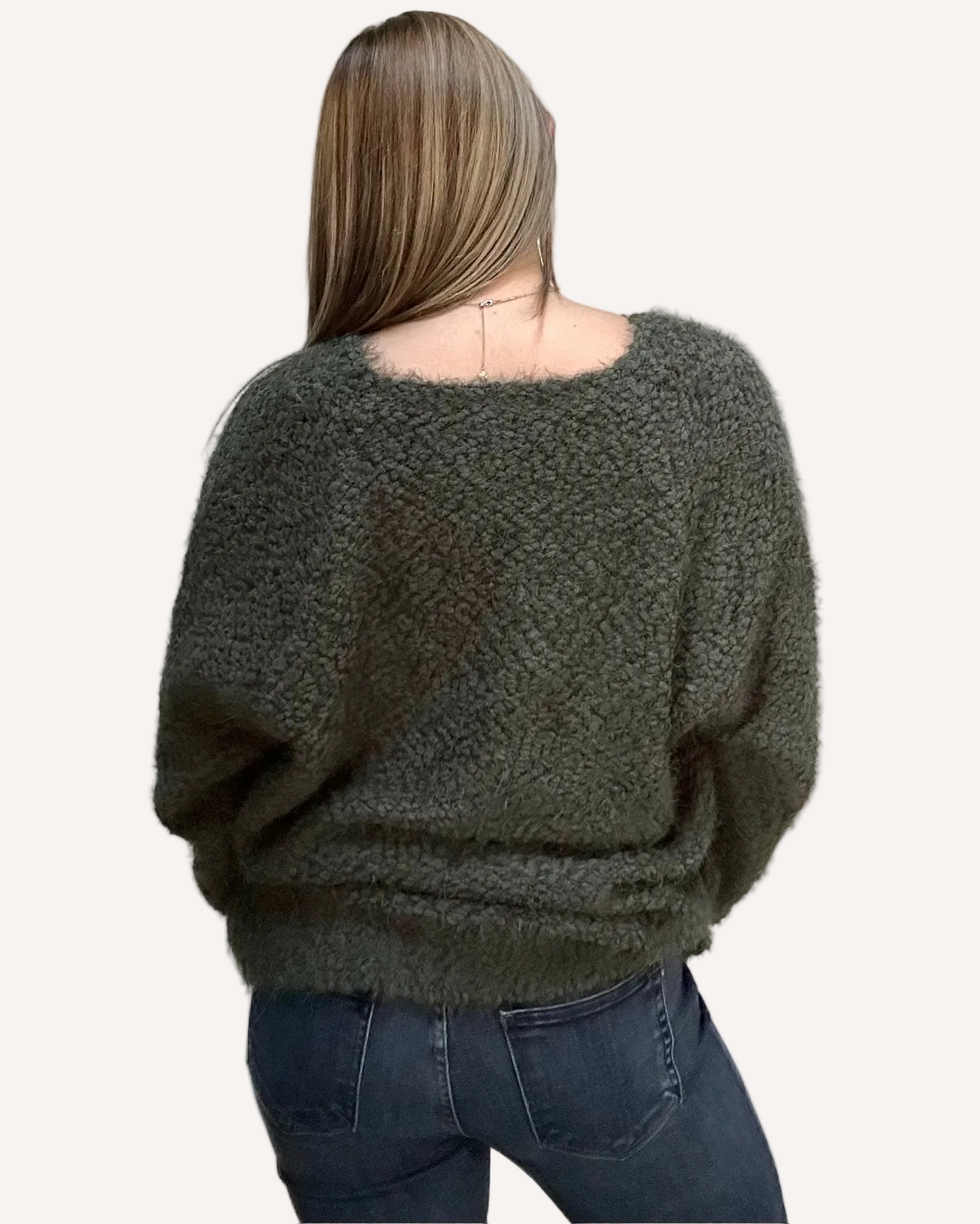 Plush popcorn-texture V-neck sweater with relaxed fit and hi-low hem – fuzzy soft knit in a gently draped silhouette – front view on soft linen background – Justyna Grace Boutique