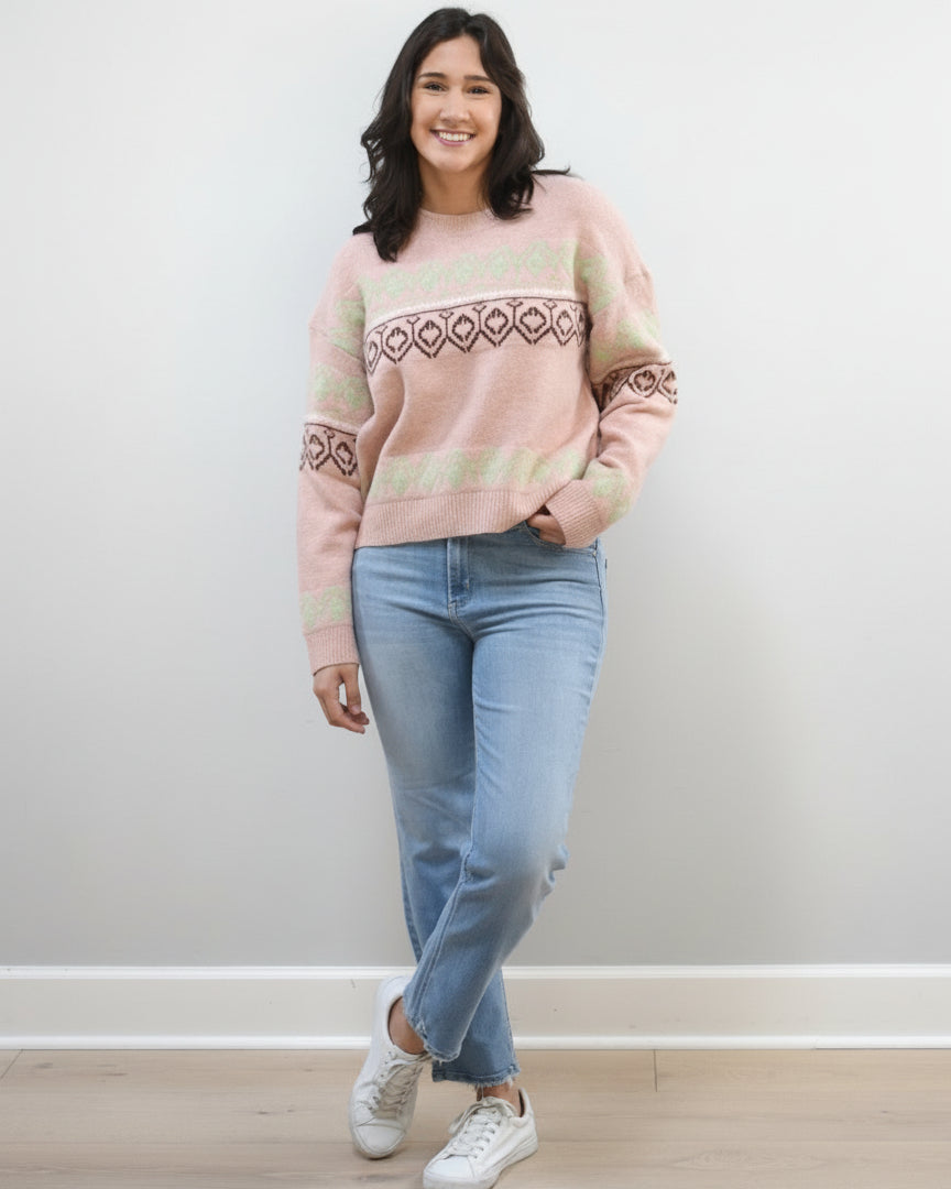Mosaic Knit Pullover on soft linen background, featuring a geometric knit pattern and relaxed silhouette.