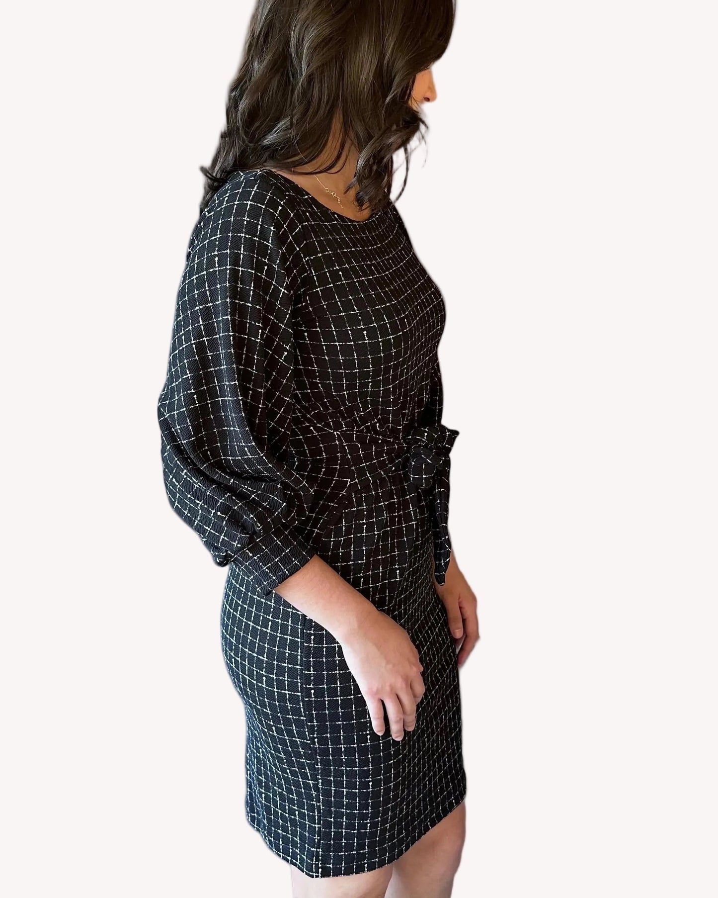 Made in USA plaid knit dress with round neckline, 3/4 sleeves, and removable tie belt