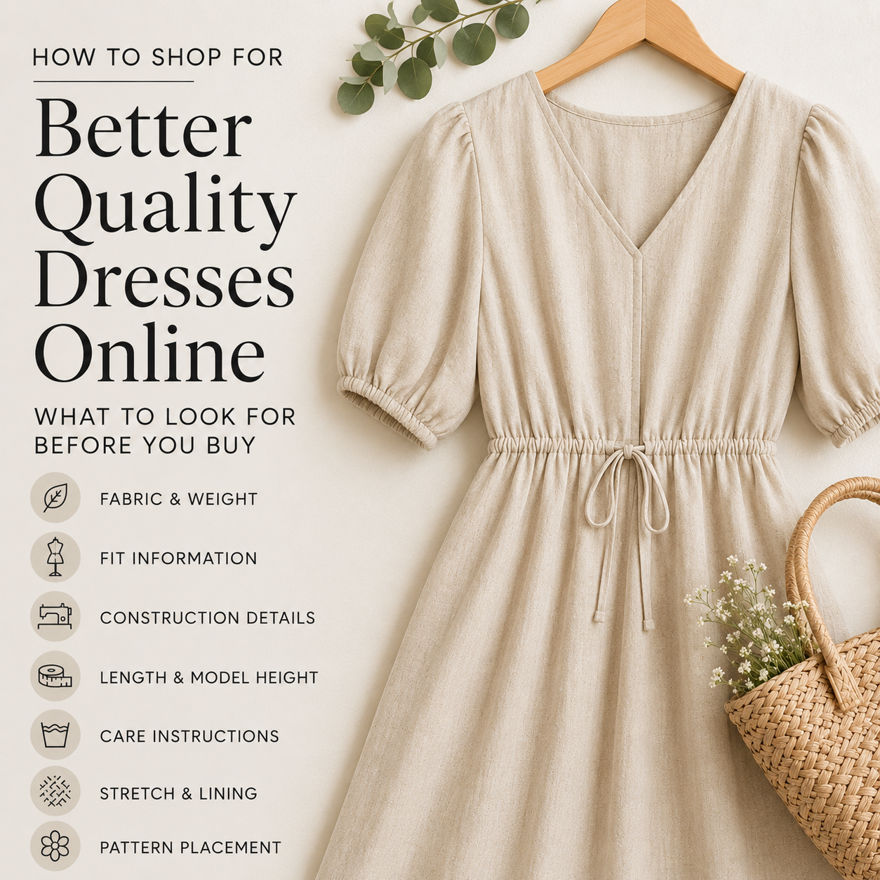 Infographic featuring a beige dress and tips for shopping for better-quality dresses online, including fabric, fit, construction, length, care instructions, stretch, lining, and pattern placement.