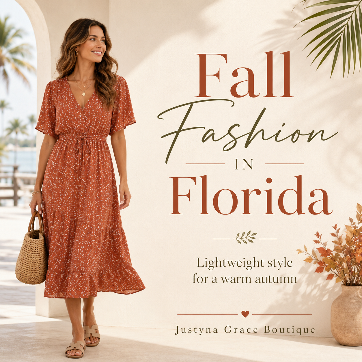 Woman in a rust floral midi dress with sandals and woven bag beside the text “Fall Fashion in Florida,” styled with warm neutral tones and palm details.