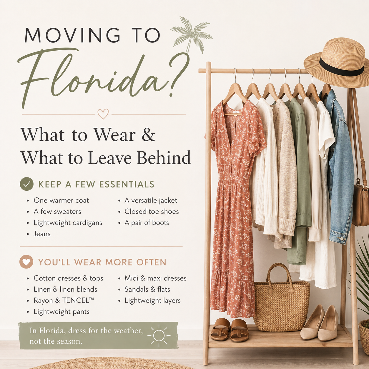 Florida wardrobe guide with a clothing rack of lightweight dresses, cardigans, tops, denim, sandals, flats, and woven accessories beside the text “Moving to Florida? What to Wear & What to Leave Behind.