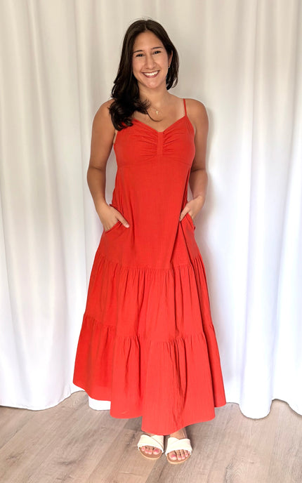 Side pocket detail on cotton maxi dress with tiered skirt