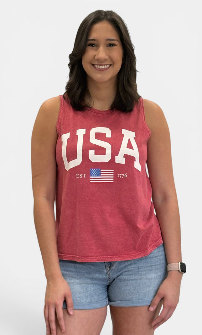 1776 USA graphic tank top front view