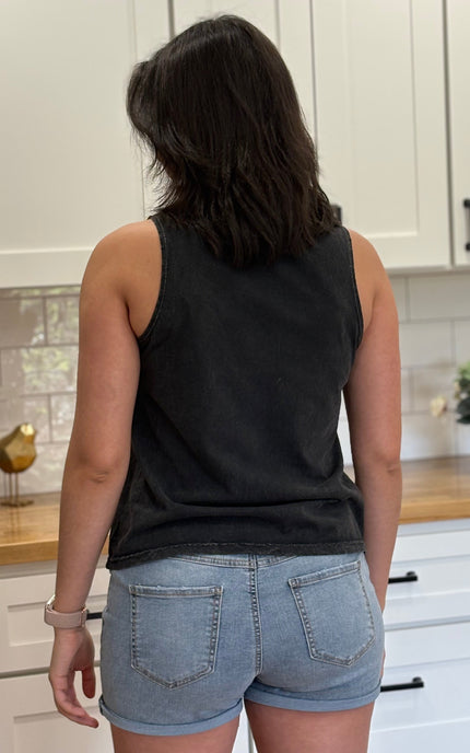 Vintage black mineral-wash “USA EST. 1776” graphic tank in soft cotton with relaxed fit and patriotic design.