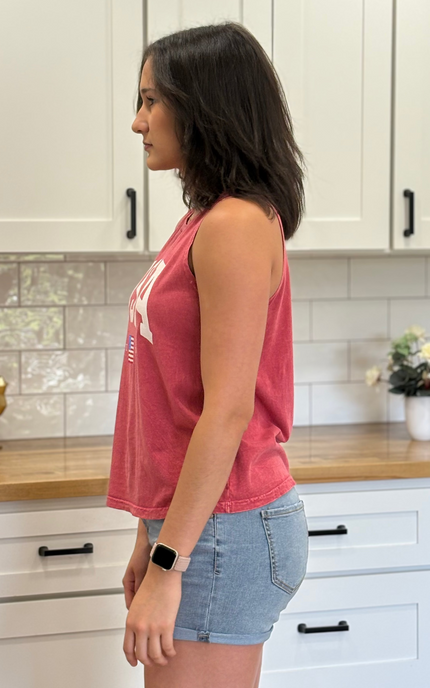 Vintage black mineral-wash “USA EST. 1776” graphic tank in soft cotton with relaxed fit and patriotic design.