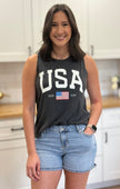 Vintage black mineral-wash “USA EST. 1776” graphic tank in soft cotton with relaxed fit and patriotic design.