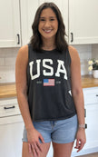 Vintage black mineral-wash “USA EST. 1776” graphic tank in soft cotton with relaxed fit and patriotic design.