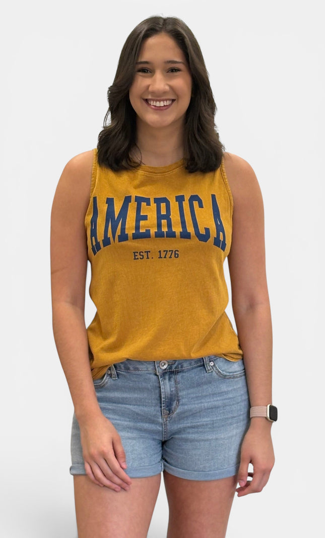 Vintage American flag graphic tank top for women