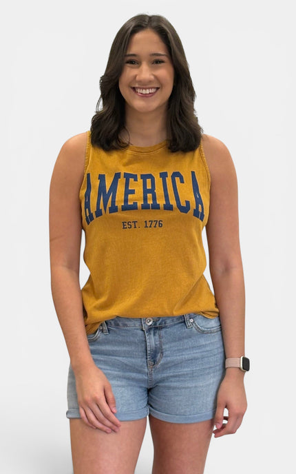 Vintage American flag graphic tank top for women