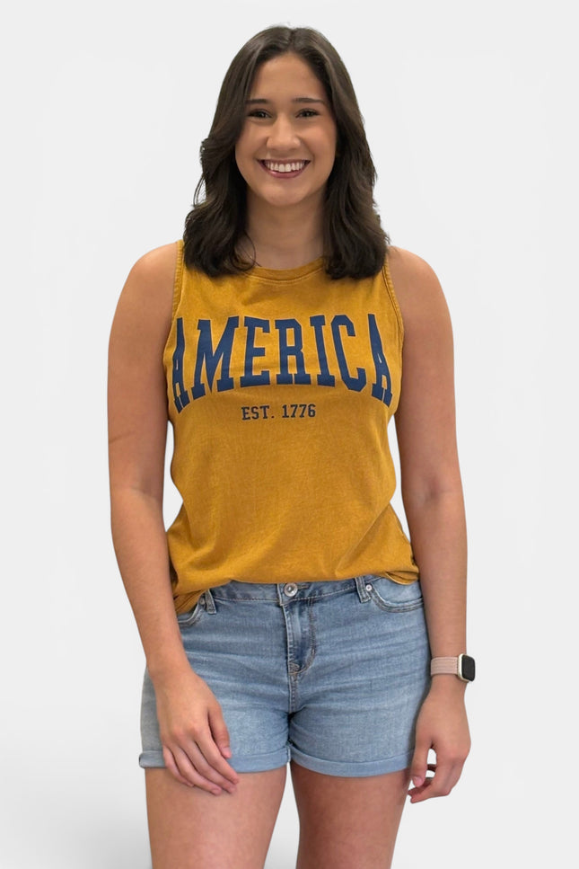 Vintage American flag graphic tank top for women