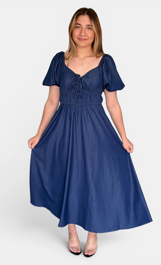 French blue Tencel midi dress for women front view