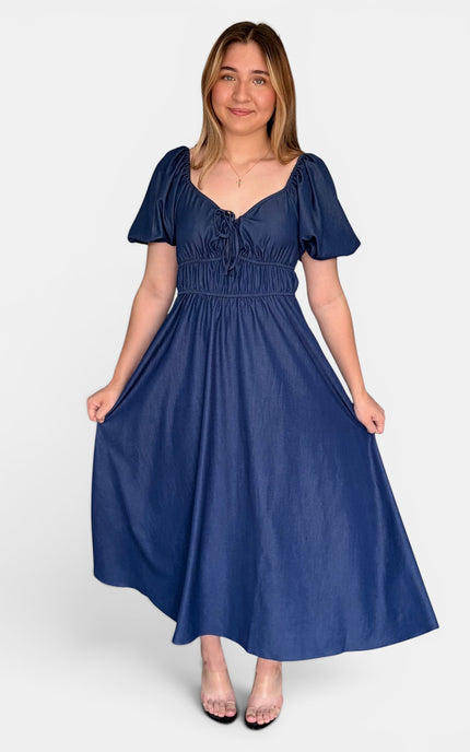 French blue Tencel midi dress for women front view