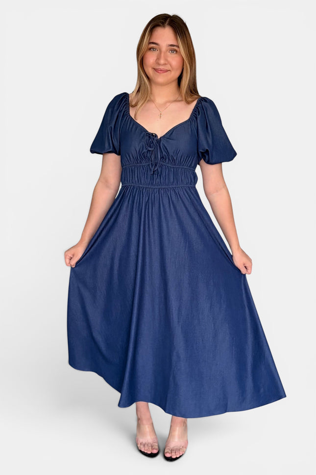 French blue Tencel midi dress for women front view