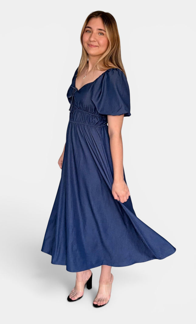 French blue Tencel midi dress side view