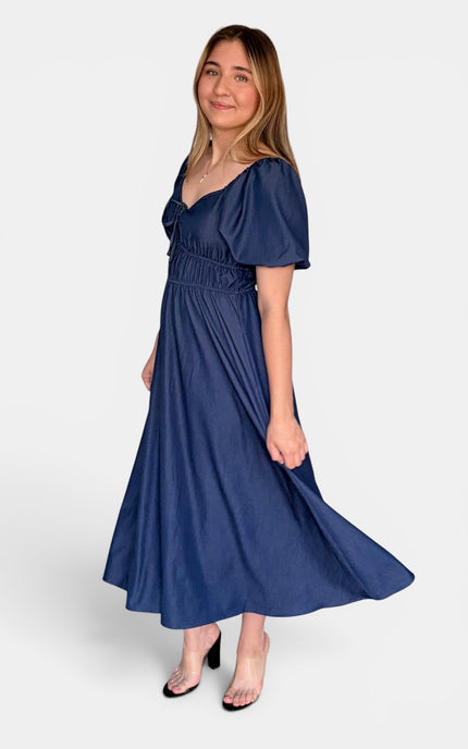 French blue Tencel midi dress side view