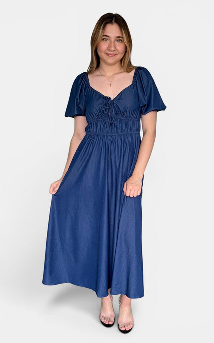 Soft Tencel blend midi dress in French blue with bubble sleeves and a flattering smocked bodice.