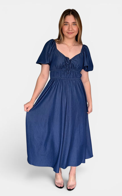 Women's French blue midi dress with a sweetheart neckline, front tie, and A-line silhouette.