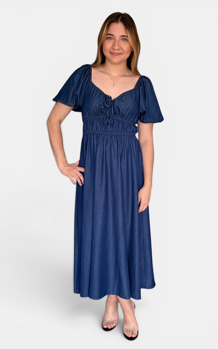 Women's French blue midi dress with a sweetheart neckline, front tie, and A-line silhouette.