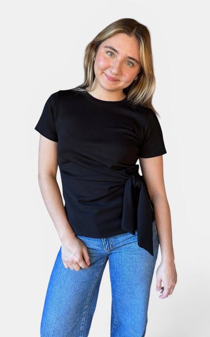 Women's black printed modal top with short sleeves and crew neckline.