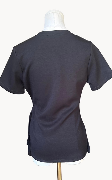 The Aria Front-Knot Modal Top in taupe with black micro-print — soft made-in-USA modal blend from Justyna Grace Boutique.