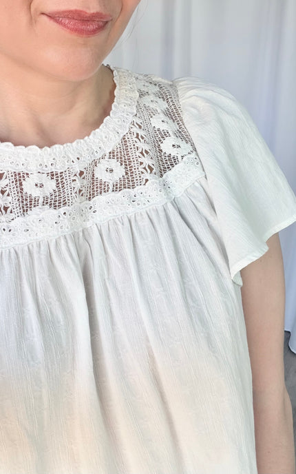 Close-up of the lightweight, short flutter sleeve on the Aurelia blouse, emphasizing the ultra-breathable 100% cotton material.