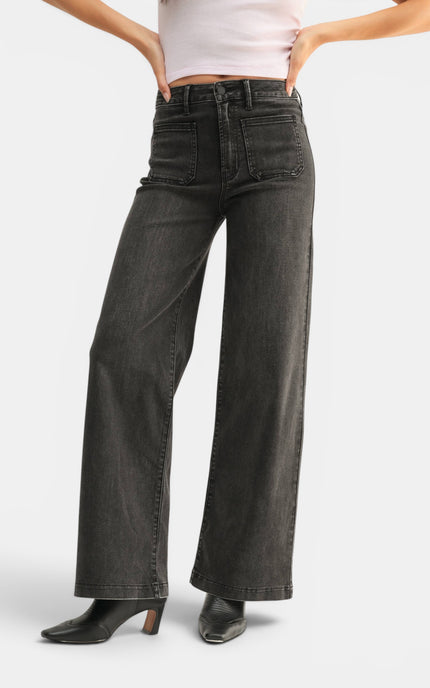 Women's washed black high-rise wide-leg jeans in comfort-stretch denim.