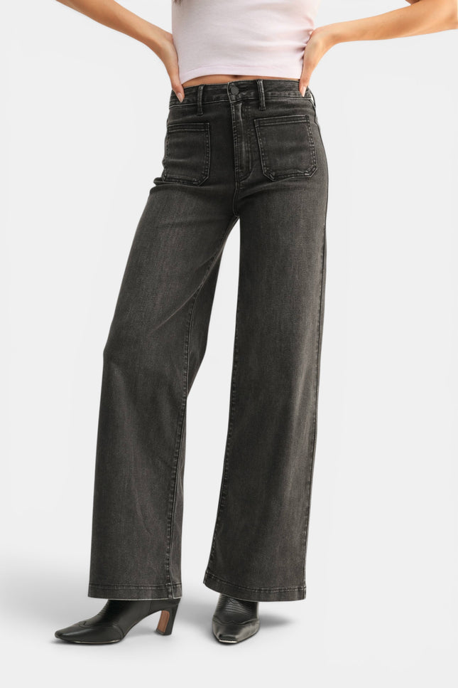 Women's washed black high-rise wide-leg jeans in comfort-stretch denim.