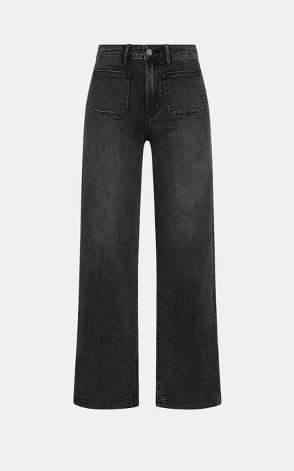 Washed black wide-leg jeans with a flattering high-rise fit and full-length silhouette.