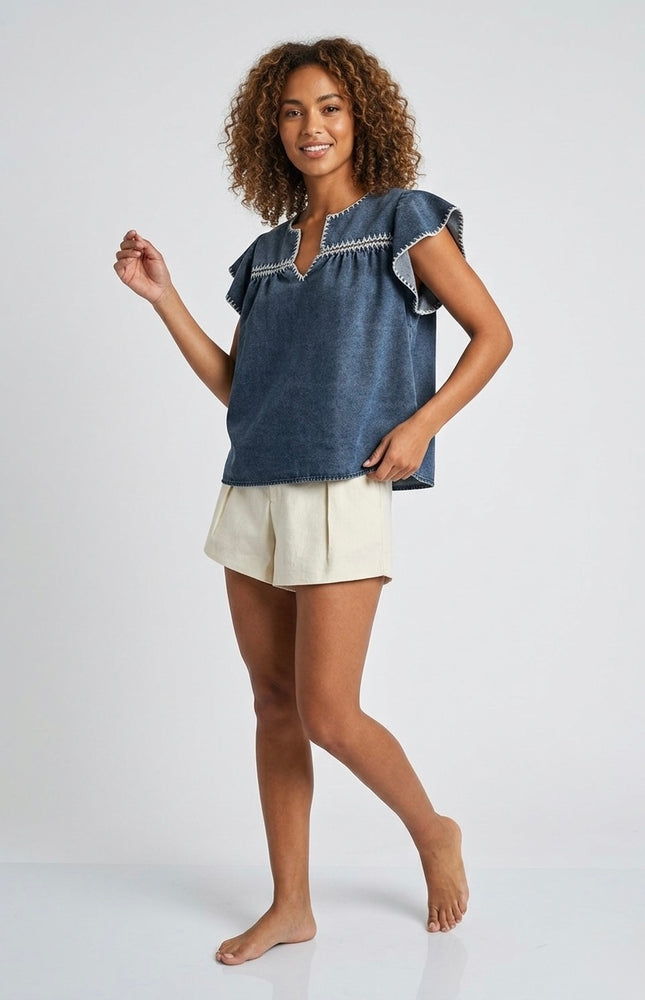 Blaire Embroidered Denim Top