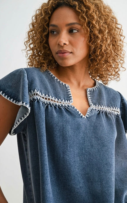 Close-up of white embroidery on the yoke of a Tencel denim blouse.