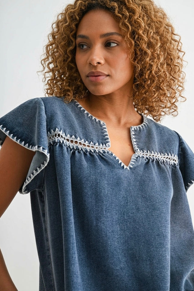 Close-up of white embroidery on the yoke of a Tencel denim blouse.