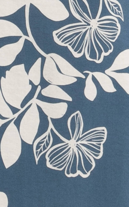 White flowers and leaves on a blue background rayon fabric
