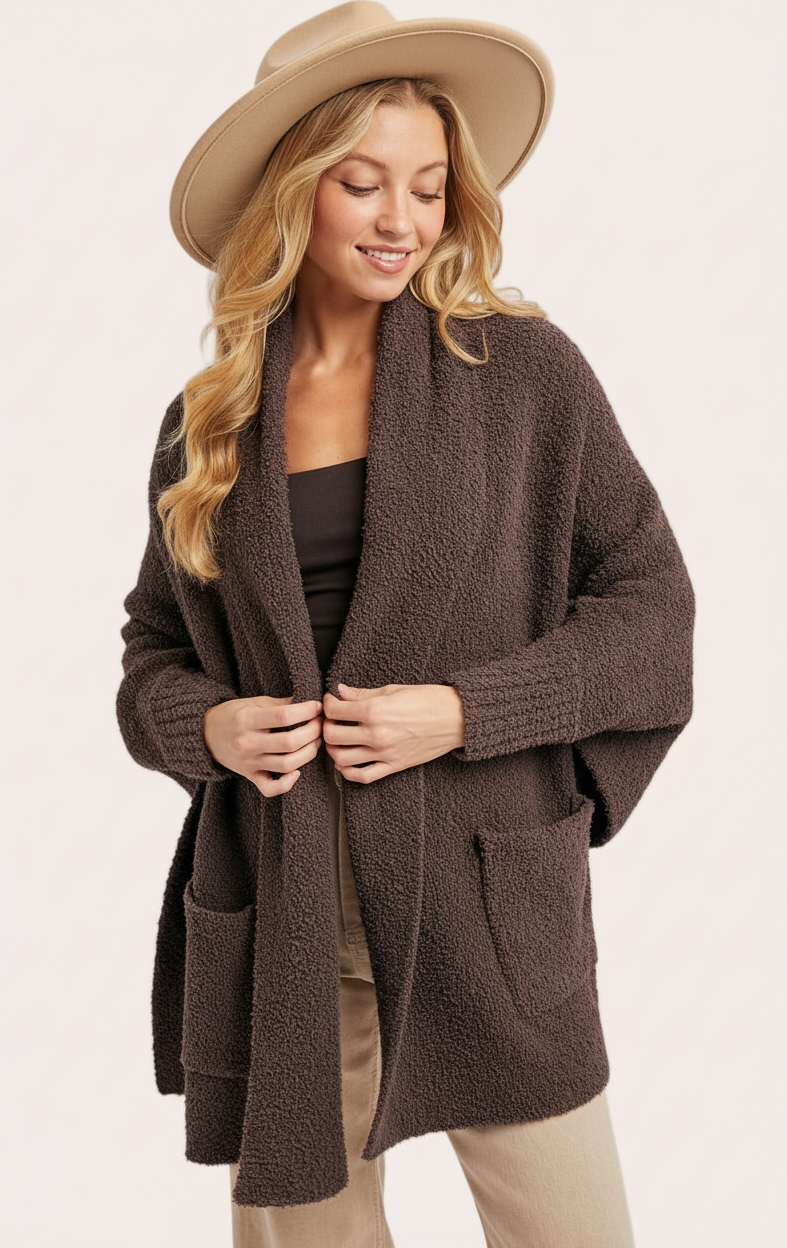 Boucle Knit Poncho in espresso brown — open-front shawl collar poncho with asymmetrical hem from Justyna Grace Boutique.