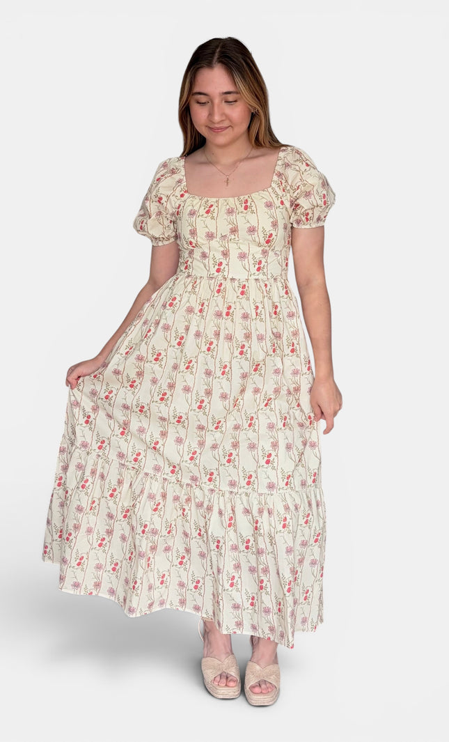 Cream cotton maxi dress for women with square neckline and puff sleeves