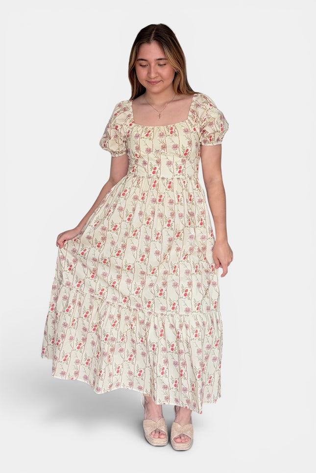 Cream cotton maxi dress for women with square neckline and puff sleeves