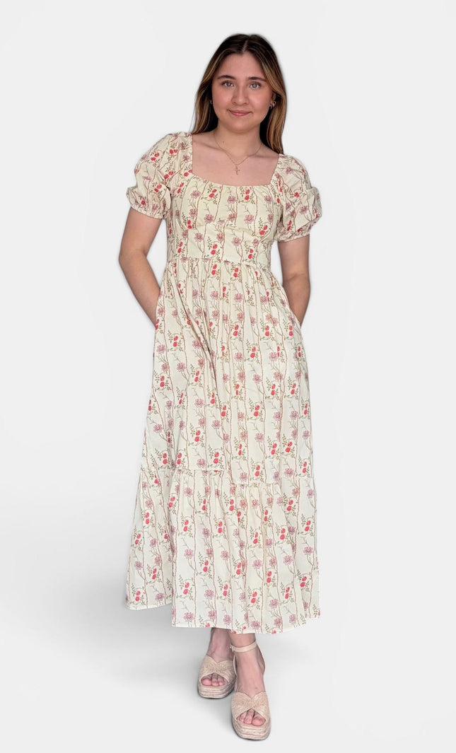 Cream cotton maxi dress for women with hands in pockets