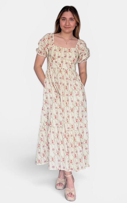 Cream cotton maxi dress for women with hands in pockets