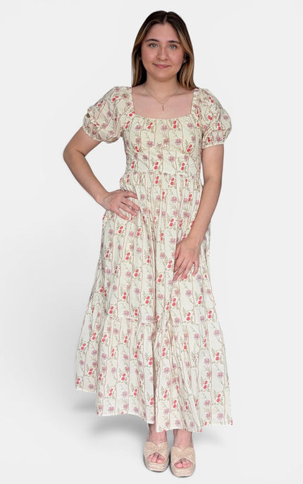 Cream floral cotton maxi dress with side pockets