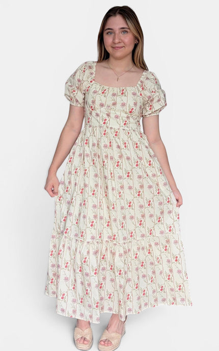 Cream puff sleeve maxi dress with hands in pockets