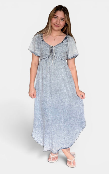 Blue Tencel maxi dress for women front view