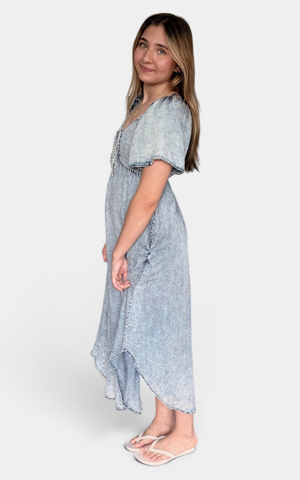 Side view of blue Tencel maxi dress for women front view
