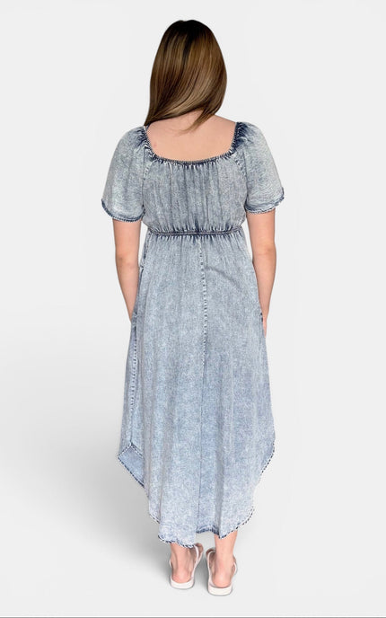 Back view of blue Tencel maxi dress for women front view
