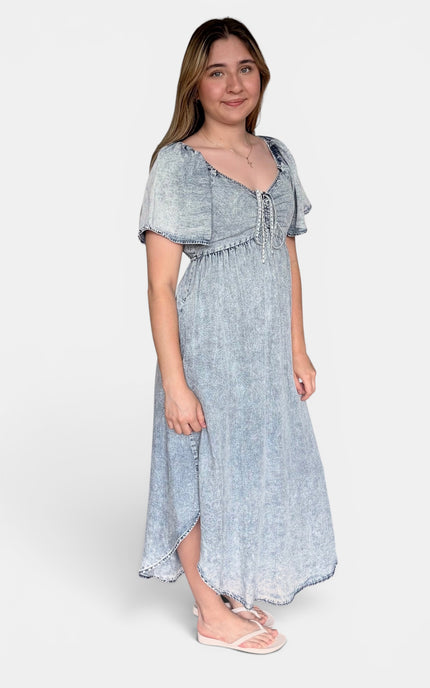 Front side view of light blue Tencel maxi dress for women front view