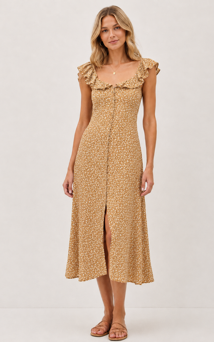 A woman modeling a sleeveless midi dress with a ruffled neckline and cap sleeves, featuring a tan and beige floral pattern with a front slit, set against a plain light gray studio background.