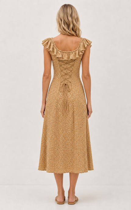 A woman viewed from the back wearing a sleeveless midi dress with ruffled cap sleeves, a scoop neckline, and a lace-up back. The dress has a warm tan base with a small all-over floral print in a slightly darker golden-brown tone.