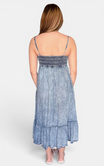 Back view of a sleeveless Tencel midi dress with a comfortable smocked bodice.