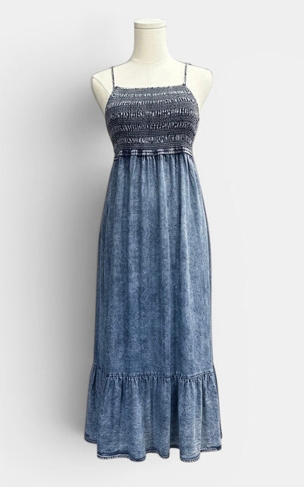Flowy blue midi dress with tiered skirt and lightweight Tencel fabric.